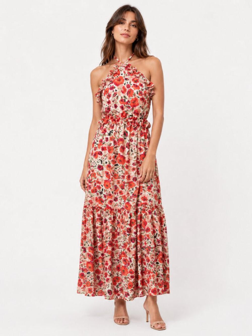 Misa Los Angeles Gia Floral Chiffon Halter Long Maxi Dress Xs